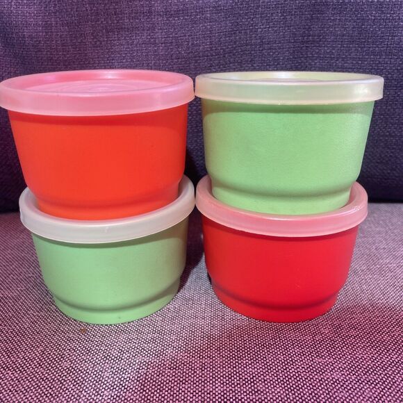 TUPPERWARE VINTAGE #1229 SNACK CUPS w SEALS SET OF 4 CUPS Orange Green - Picture 1 of 10